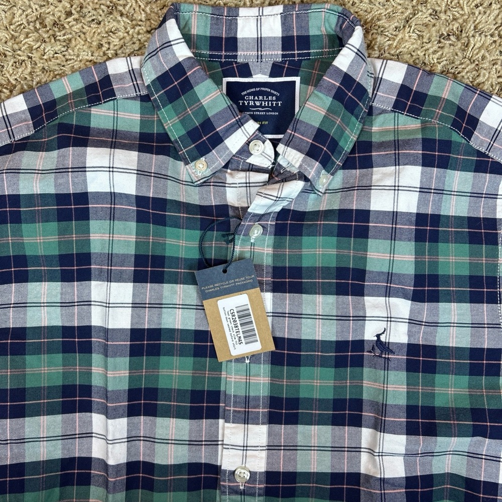 NWT Charles Tyrwhitt Men's Plaid Shirt in Green and Navy